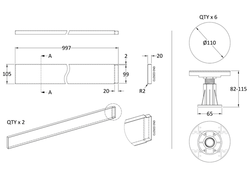 Technical image of Nuie Trays Easy Plumb Leg & Plinth Set 700-900mm (Slate Grey).