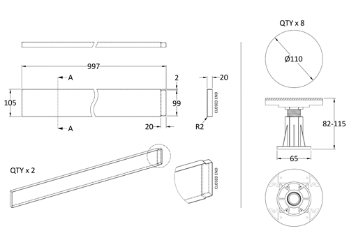 Technical image of Nuie Trays Easy Plumb Leg & Plinth Set 1000mm (Slate Grey).