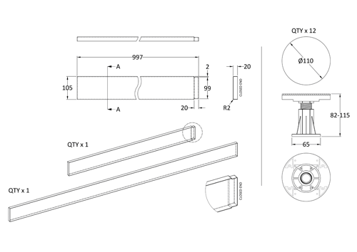 Technical image of Nuie Trays Easy Plumb Leg & Plinth Set 1300-1800mm (Slate Grey).