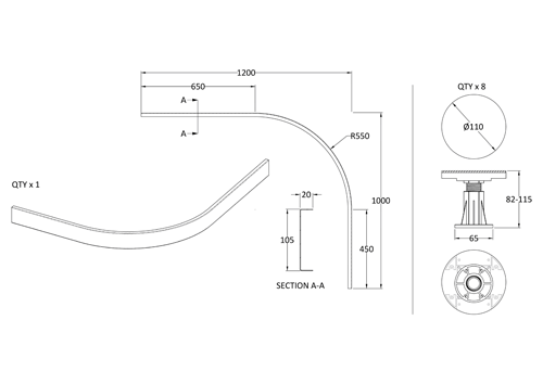 Technical image of Nuie Trays Easy Plumb Leg & Quadrant Plinth Set 1000-1200mm (Slate Grey).
