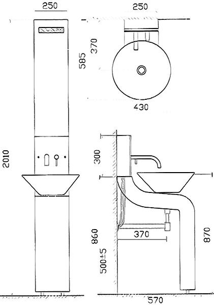 Technical image of Hudson Reed Sass Vanity Unit With Cabinet, Basin & Tap (Black).  250x2010mm.