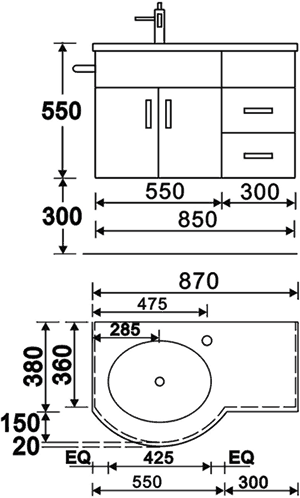 Technical image of Hudson Reed Ellipse Wall Vanity Unit With Granite Top. Left Handed, 870x550mm.