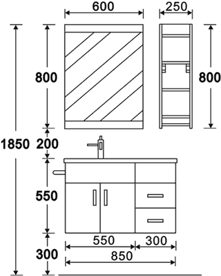 Technical image of Hudson Reed Ellipse Wall Hung Bathroom Furniture Pack (Left Handed, Granite).