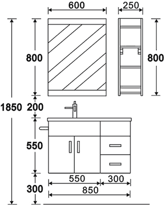 Technical image of Hudson Reed Ellipse Wall Hung Bathroom Furniture Pack (Right Hand, Granite).