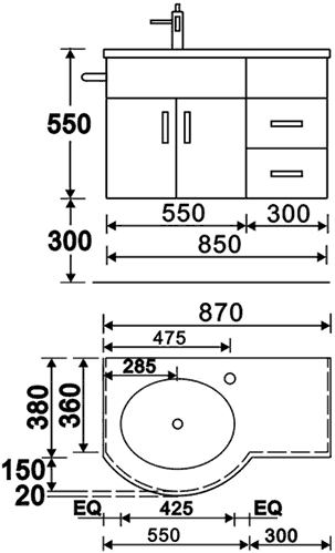 Technical image of Hudson Reed Ellipse Wall Vanity Unit With Granite Top. Right Handed, 870x550mm.