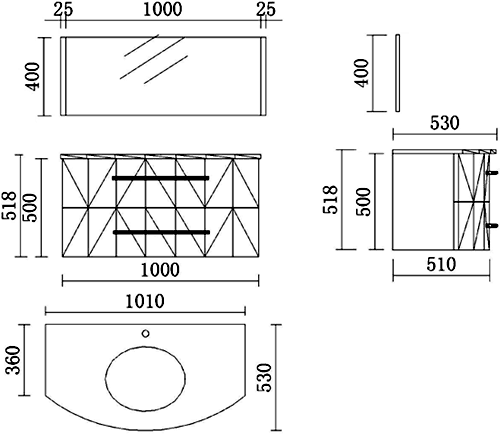 Technical image of Hudson Reed Crescent Wall Hung Furniture Set (High Gloss Black).