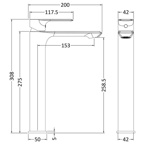 Technical image of Nuie Limit Tall Basin Mixer Tap (Chrome).