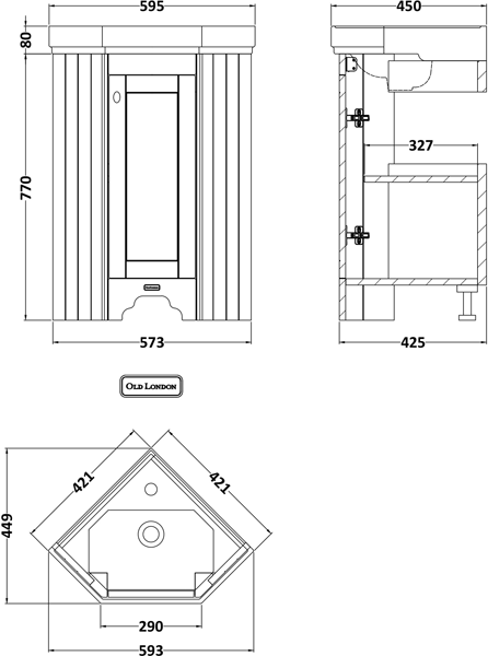 Technical image of Old London Furniture Corner Vanity Unit With Basins (Storm Grey, 1TH).