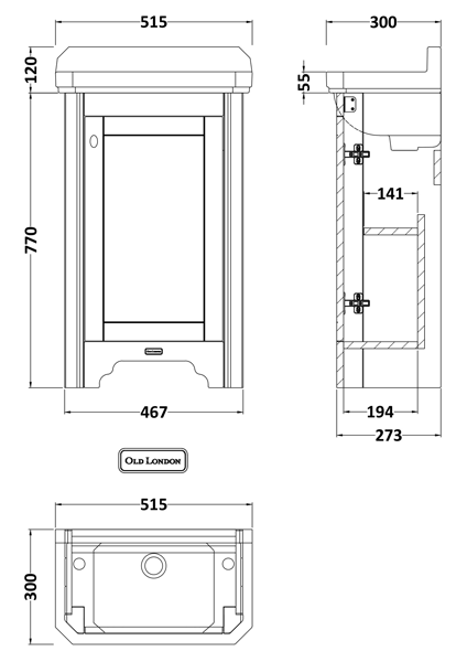 Technical image of Old London Furniture Cloakroom Vanity Unit With Basins 515mm (Grey, 2TH).