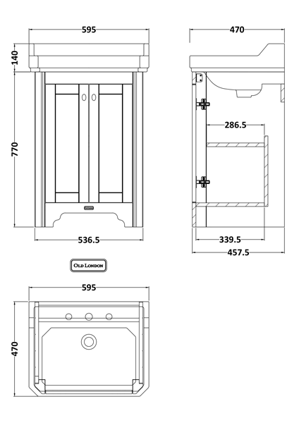 Technical image of Old London Furniture Vanity Unit With Basins 595mm (Blue, 1TH).