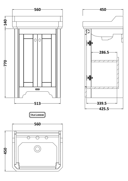 Technical image of Old London Furniture Vanity Unit With Basins 560mm (Blue, 2TH).