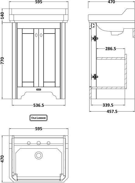 Technical image of Old London Furniture Vanity Unit With Basins 595mm (Sand, 2TH).