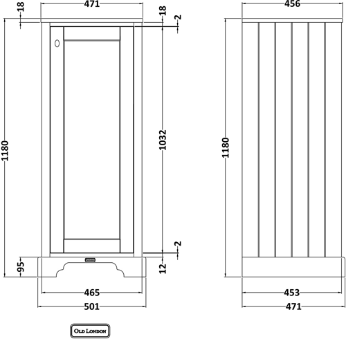 Technical image of Old London Furniture Tall Boy Unit 490mm (Twilight Blue).