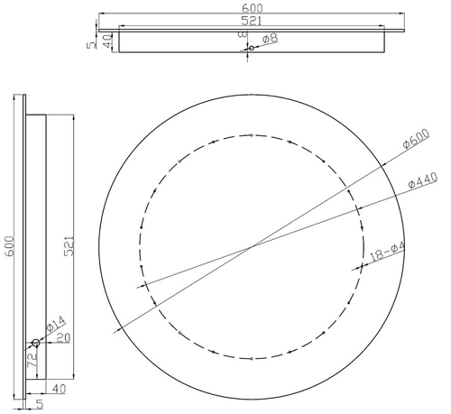 Technical image of Hudson Reed Mirrors Radius Motion Sensor LED Mirror (600mm Diameter).