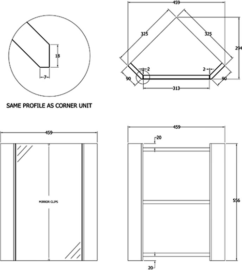 Technical image of Nuie Marvel Corner Mirror Cabinet (White).