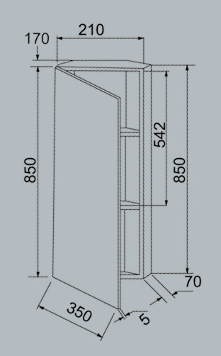 Technical image of Hudson Reed Staton stainless steel corner mirror bathroom cabinet.