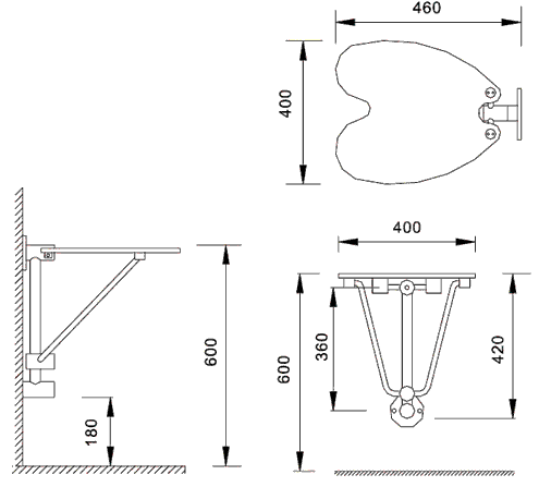 Technical image of Hudson Reed Clear folding shower seat 400x460mm.