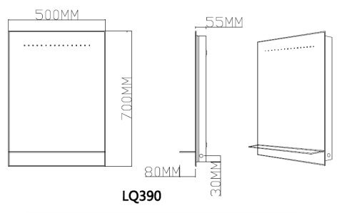 Technical image of Ultra Mirrors Beam Touch Sensor Mirror with LED Lights & Shelf.