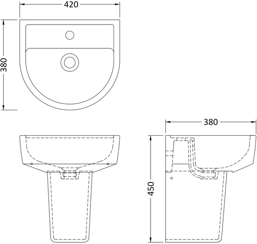 Technical image of Hudson Reed Ceramics Luna Flush To Wall Toilet, Seat, 425mm Basin & Ped.