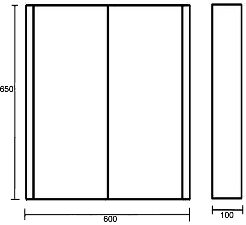Technical image of Ultra Lux Mirror Bathroom Cabinet, 2 Doors (White). 600x650x100mm.