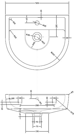 Technical image of Premier Marlow Basin & Semi Pedestal (1 Tap Hole, 520mm).