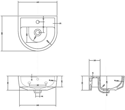 Technical image of Premier Marlow Basin & Full Pedestal (1 Tap Hole, 420mm).