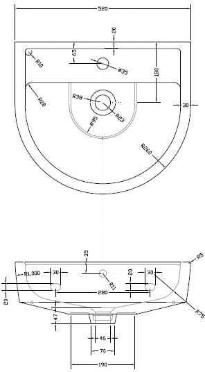 Technical image of Premier Marlow Semi Flush Toilet With 520mm Basin & Semi Pedestal.