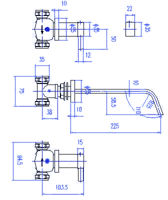 Technical image of Hudson Reed Clio 3 Tap Hole Wall Mounted Bath Mixer Tap.