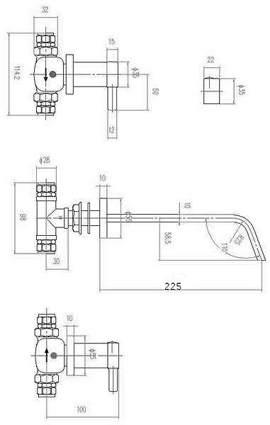 Technical image of Hudson Reed Clio 3 Tap Hole Wall Mounted Basin Mixer Tap.