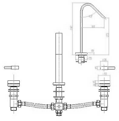 Technical image of Hudson Reed Clio Dis 3 Tap hole Bath Mixer with swivel spout.