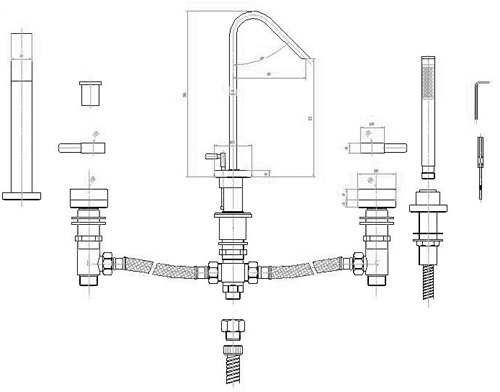 Technical image of Hudson Reed Clio Dis 4 Tap hole Bath Mixer with Shower kit and swivel spout.