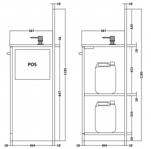 Technical image of Nuie Sanitise 12 x Floor Standing Hand Sanitiser Stations & Pump Dispenser.