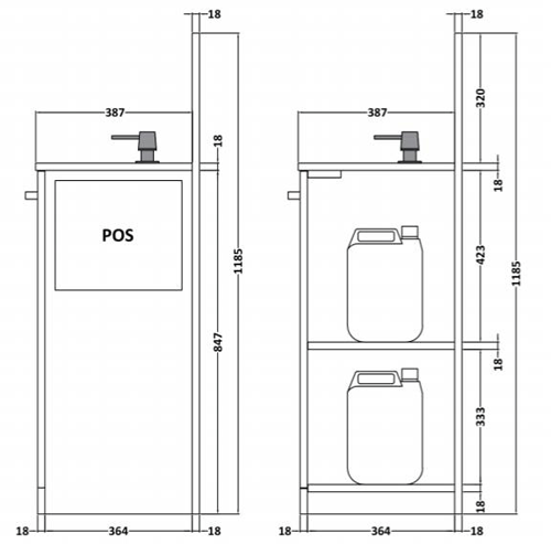 Technical image of Nuie Sanitise 4 x Floor Standing Hand Sanitiser Stations & Pump Dispenser.
