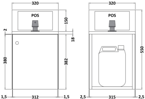 Technical image of Nuie Sanitise 1 x Wall Mounted Hand Sanitiser Station & Pump Dispenser.