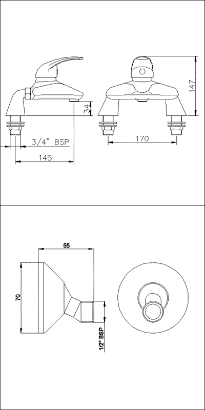 Technical image of Ultra Liscia Single lever wall mounted bath filler.