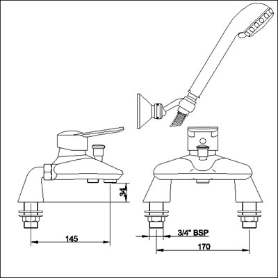 Technical image of Ultra Tara Rosa Single lever deck mounted bath shower mixer.