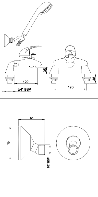 Technical image of Ultra Liscia Single lever wall mounted bath shower mixer.