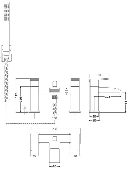 Technical image of Nuie Moat Waterfall Basin & Bath Shower Mixer Tap Pack (Chrome).