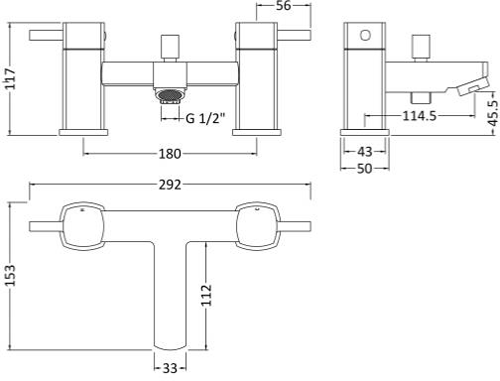 Technical image of Nuie Munro Basin & Bath Shower Mixer Tap Pack (Chrome).