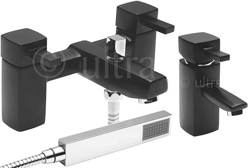 Larger image of Ultra Muse Black Basin & Bath Shower Mixer Tap Set (Free Shower Kit, Black).