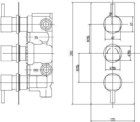 Technical image of Ultra Muse Thermostatic Triple Concealed Shower Valve With Diverter.