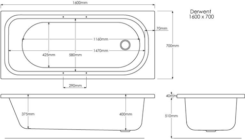 Technical image of Crown Baths Marshall Single Ended Acrylic Bath With Handles. 1600x700.