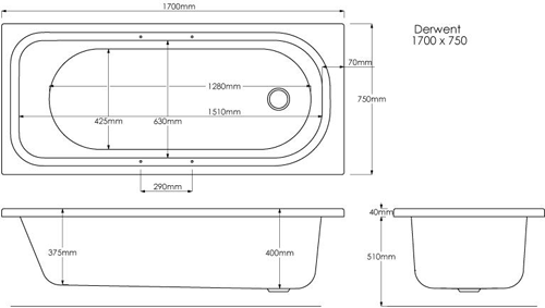 Technical image of Crown Baths Marshall Single Ended Acrylic Bath With Handles. 1700x750.