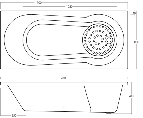 Technical image of Crown Baths Marina Keyhole Shower Bath & Panels. 1700x800mm.