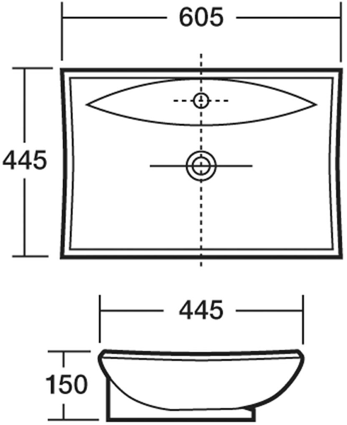 Technical image of Nuie Basins Rectangular Free Standing Basin (605x445mm).
