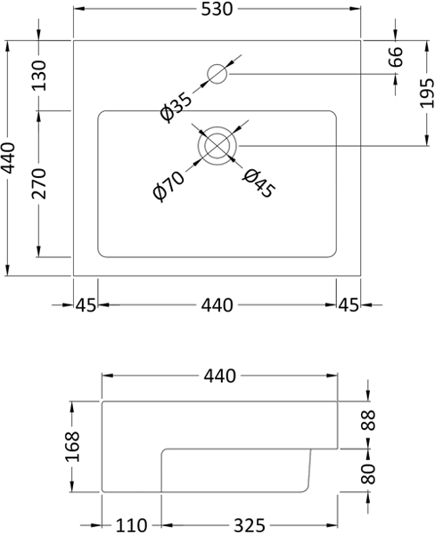 Technical image of Hudson Reed Vessels Semi Recessed Basin 530mm (With Overflow).