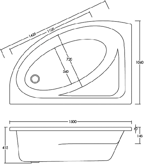 Technical image of Nuie Luxury Baths Pilot Offset Corner Bath (Left Handed, 1500x1000mm).