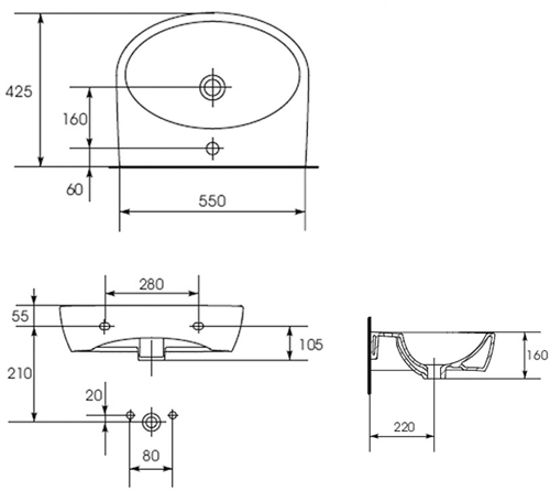 Technical image of Premier Cairo 550mm Basin & Semi Pedestal (1 Tap Hole).