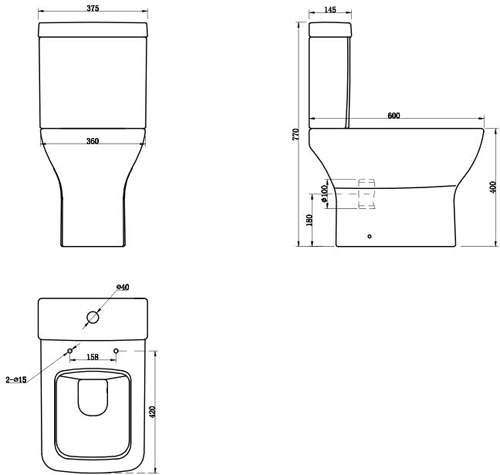 Technical image of Premier Carmela Semi Flush To Wall Toilet Pan With Cistern & Seat.