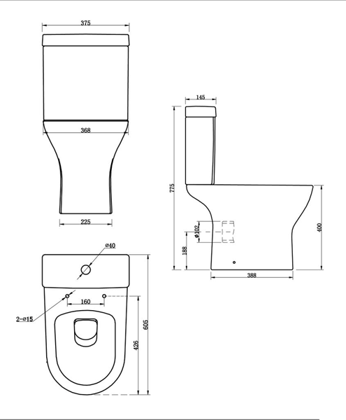 Technical image of Premier Saffron Close Coupled Toilet Pan, Cistern & Soft Close Seat.